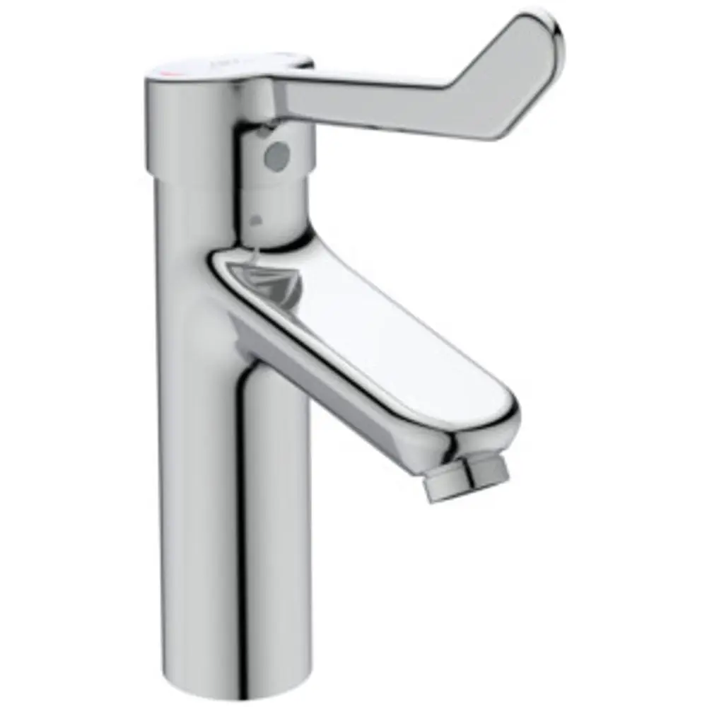 Chromfarbener Wasserhahn von Ideal Standard mit einem Klapphebel und einem geschwungenen Auslauf. Geeignet für Waschbecken.